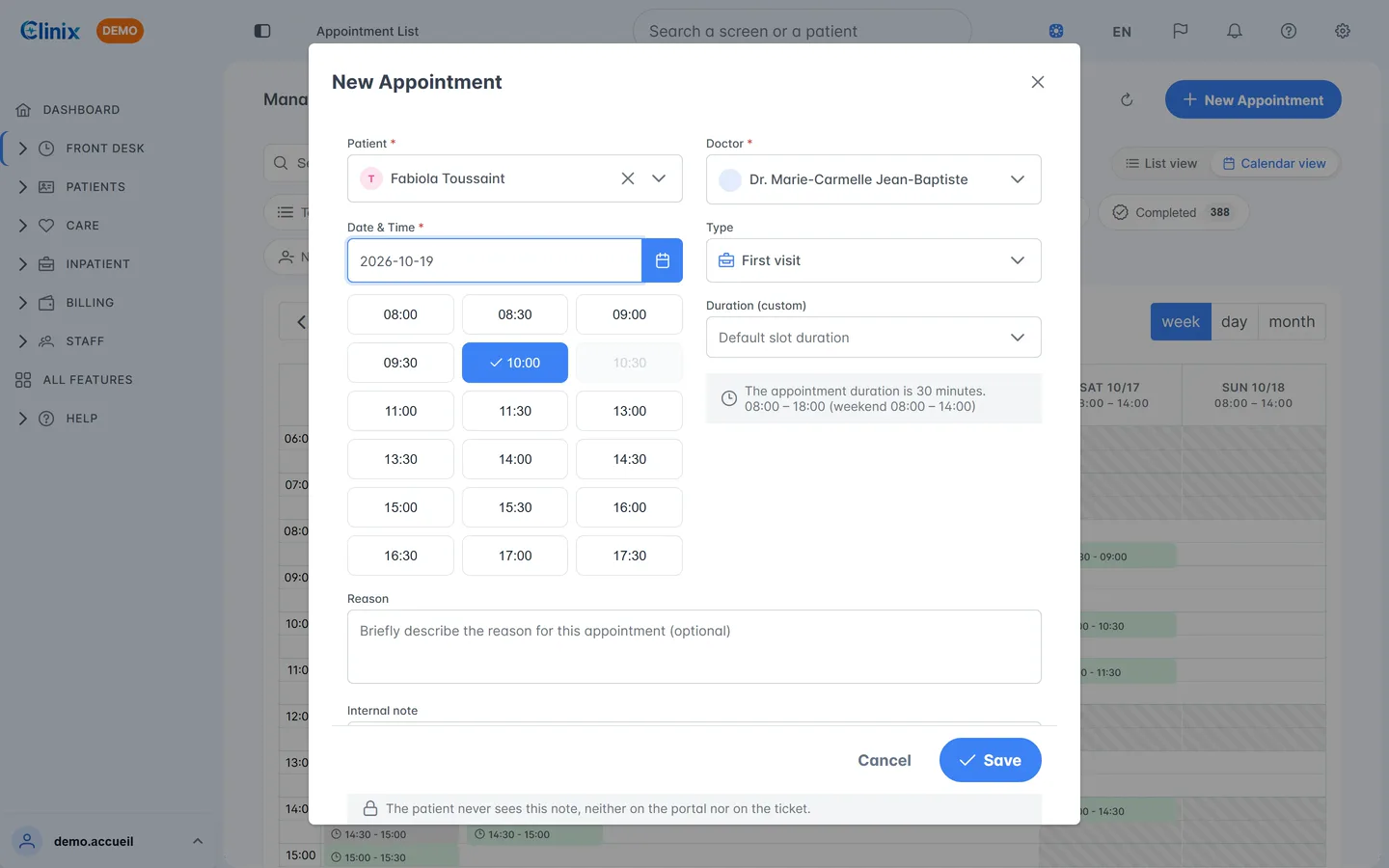 New appointment form with the doctor's free slots