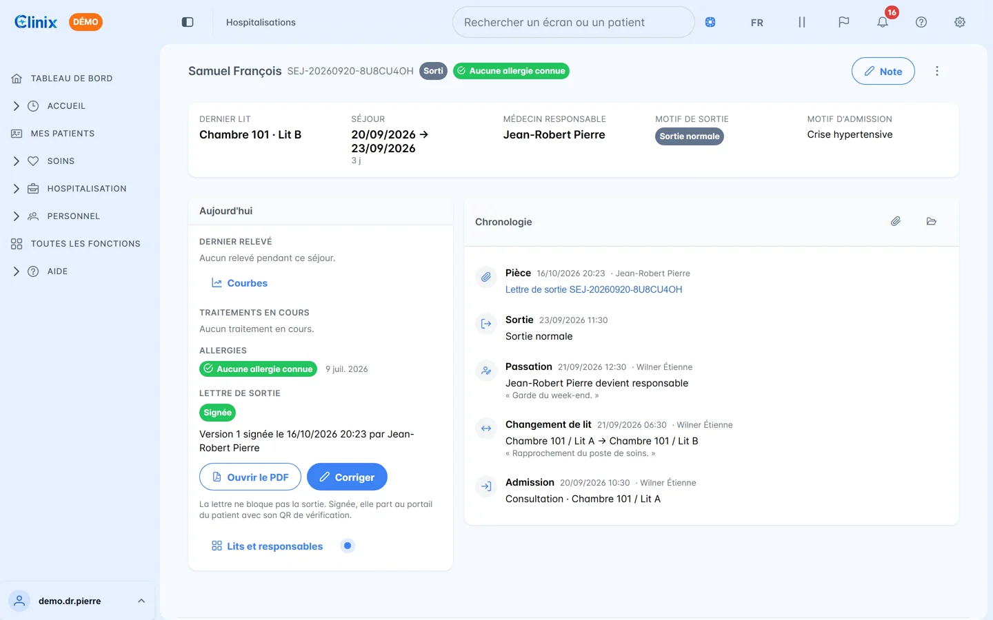 Séjour d'un patient dans Clinix : lit, médecin responsable, chronologie, lettre de sortie signée avec son PDF