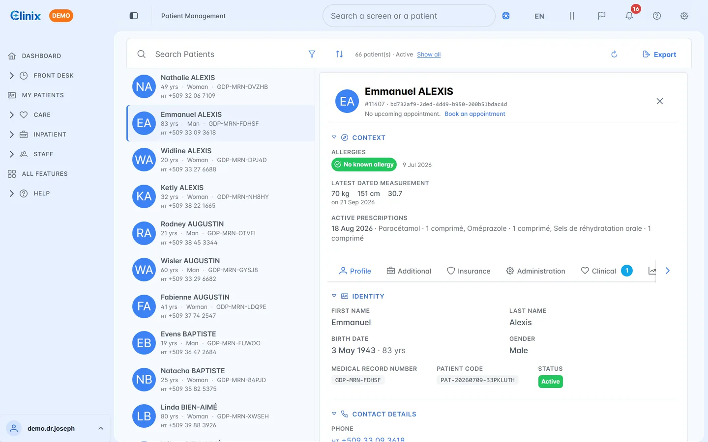 Patient record in Clinix